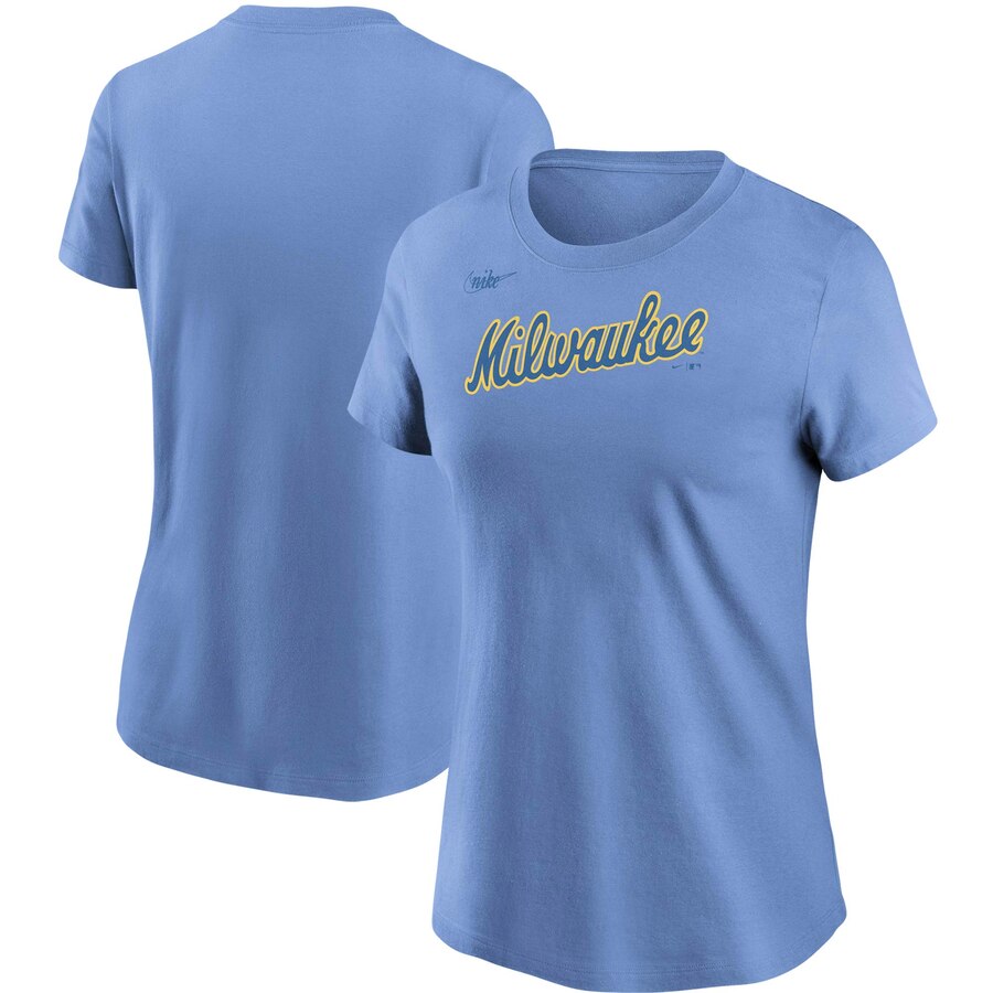 Milwaukee Brewers Nike Women's Cooperstown Collection Wordmark T-Shirt Powder Blue